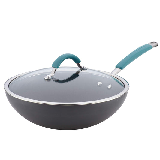 Rachael Ray Cucina Hard Anodized Nonstick Wok Pan with Lid, 11-Inch Covered Stir Fry, Gray with Blue Handles - CookCave
