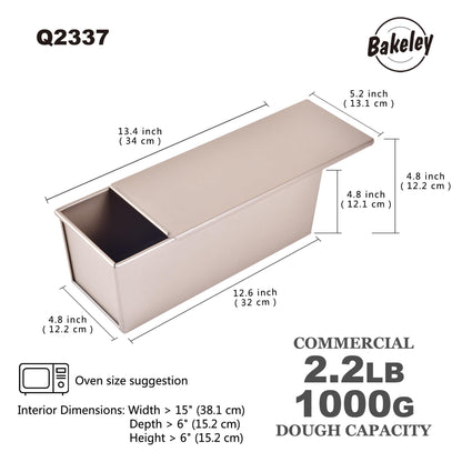 Bakeley Commercial Pullman Loaf Pan with Lid, Dough Capacity Non-stick Rectangle Flat Toast Box for Oven Baking 13.6"×5.4"×4.7"(Champagne Gold) - CookCave