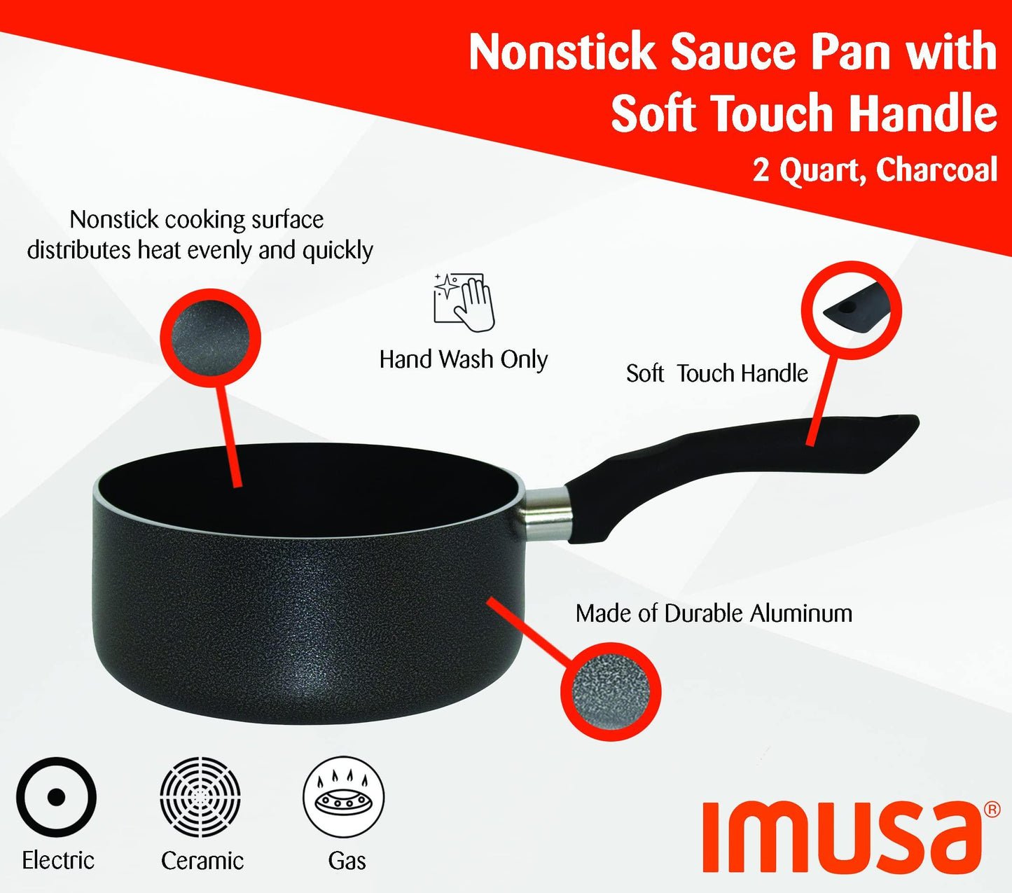 IMUSA USA 2 Quart Charcoal Exterior Sauce Pan with Nonstick Interior and Black Soft-Touch Handle - CookCave