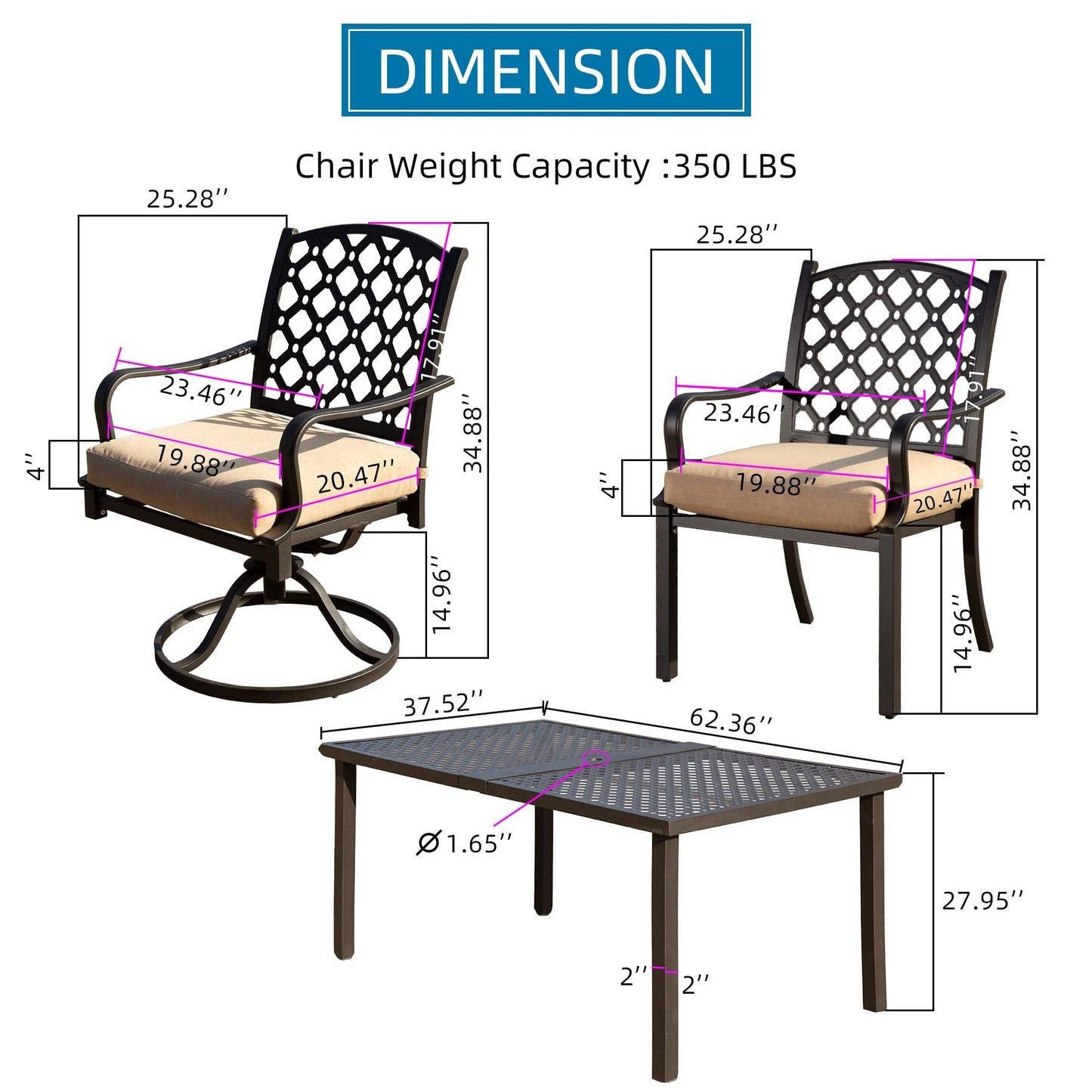 Domi Outdoor 7 pcs Patio Dining Set, Metal Dining Table, Swivel and Dining Chairs Conversation Set with Removable Beige Cushions for Garden Lawn Yard - CookCave