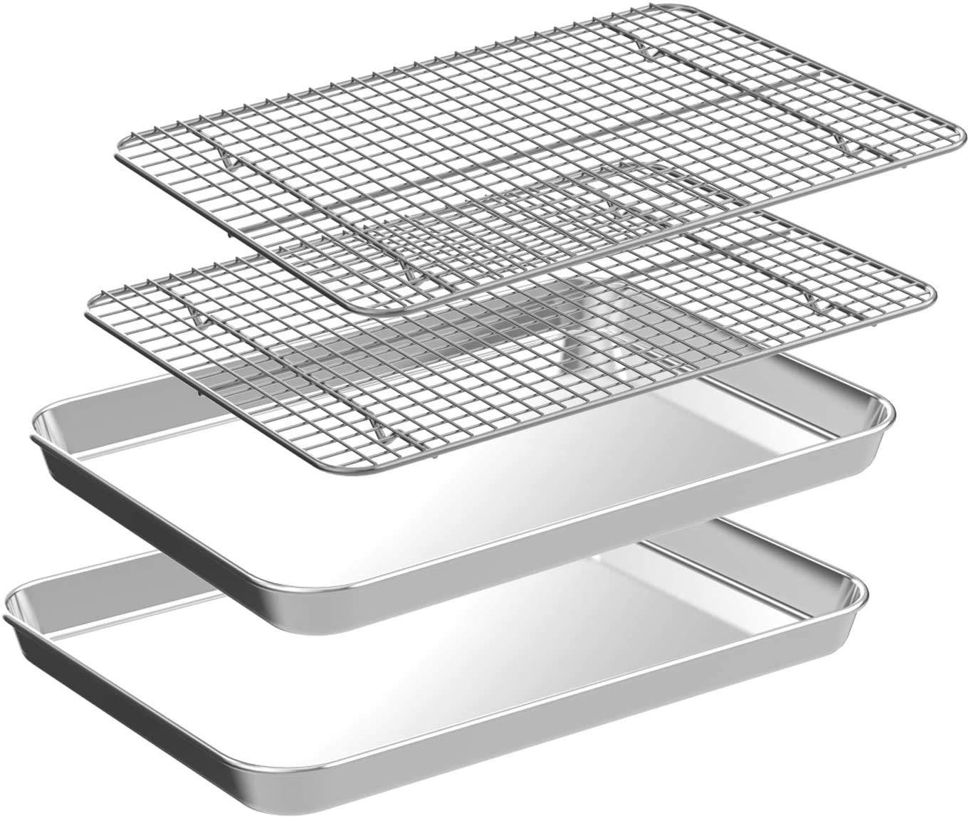 Quarter Sheet Pan with Cooling Rack Set [2 Baking Sheets + 2 Baking Racks], CEKEE Stainless Steel Cookie Sheets for Baking and Wire Rack - Rust & Warp Resistant & Nonstick, Size 12 x 9.8 x 1 Inch - CookCave