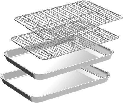 Quarter Sheet Pan with Cooling Rack Set [2 Baking Sheets + 2 Baking Racks], CEKEE Stainless Steel Cookie Sheets for Baking and Wire Rack - Rust & Warp Resistant & Nonstick, Size 12 x 9.8 x 1 Inch - CookCave