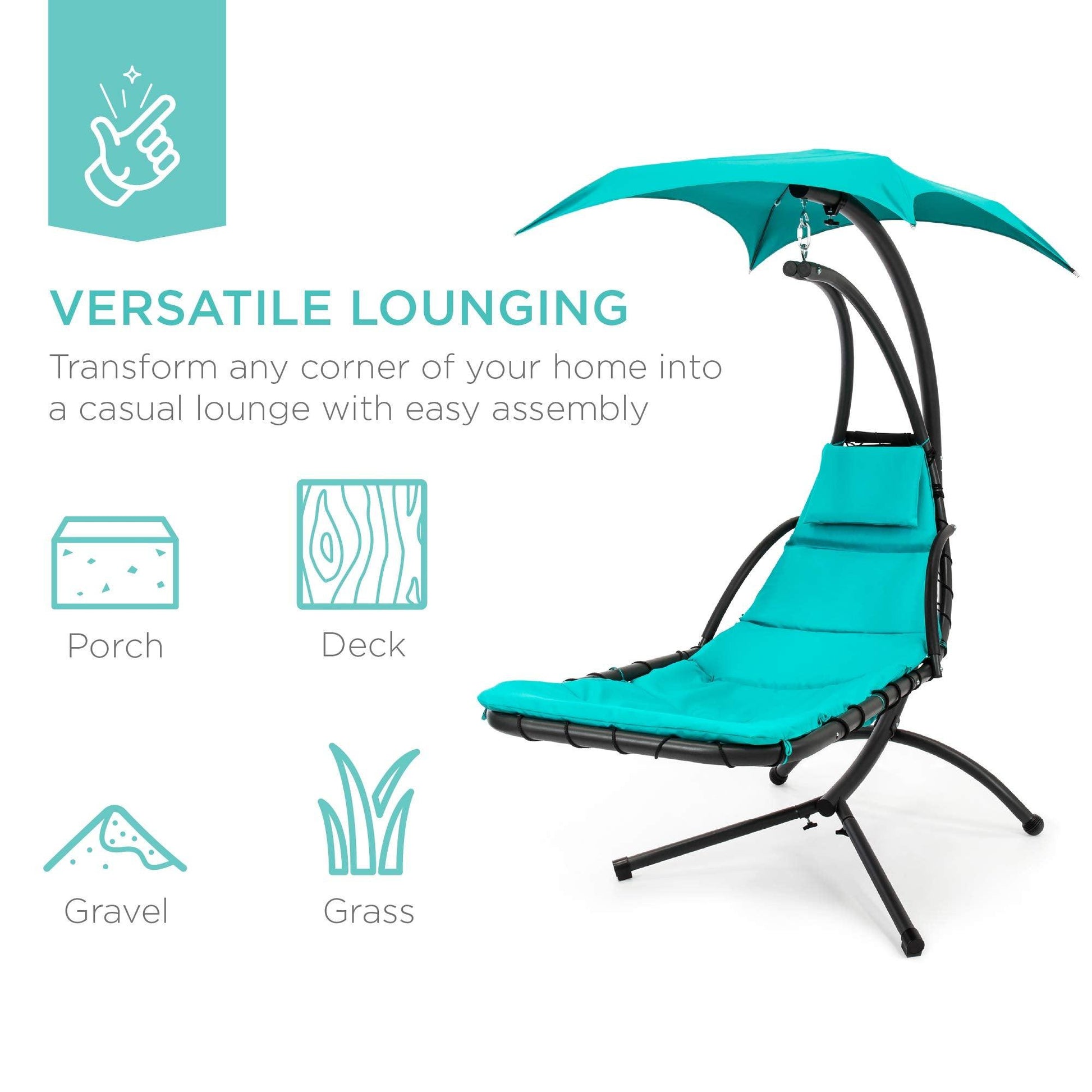 Best Choice Products Outdoor Hanging Curved Steel Chaise Lounge Chair Swing w/Built-in Pillow and Removable Canopy - Teal - CookCave