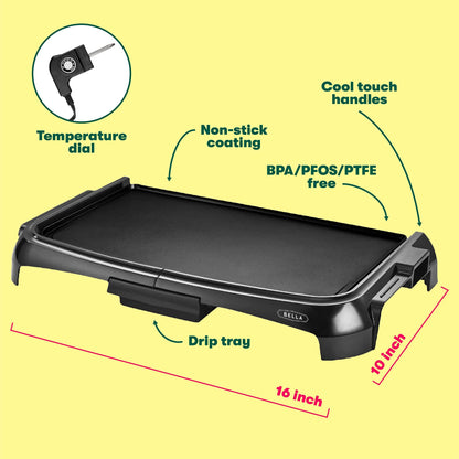 BELLA Electric Griddle with Crumb Tray - Smokeless Indoor Grill, Nonstick Surface, Adjustable Temperature Control Dial & Cool-touch Handles, 10" x 16", Black - CookCave