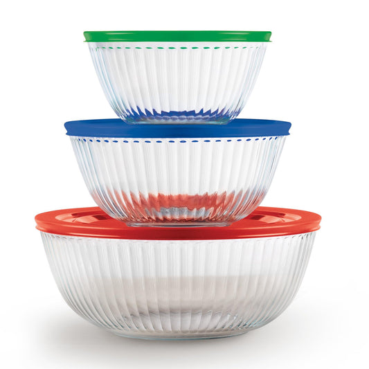 Pyrex Sculpted Large 6-Piece Glass Mixing Bowls, 1.3 QT, 2.3 QT, and 4.5 QT Prepping and Baking Food Storage Set, Dishwasher, Microwave and Freezer Safe - CookCave