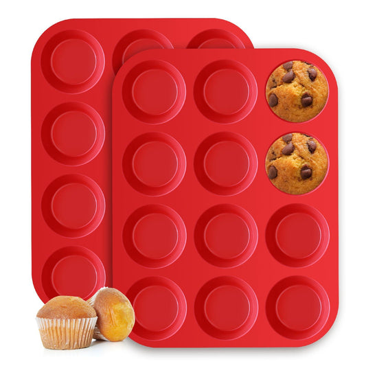 La Chat Silicone Muffin Pan 2 pcs - Nonstick BPA Free silicone Cupcake tray for baking, 12 Cup muffin tin, Silicone molds for making Muffins, Cupcakes and Egg maffins, (red, 12 cavity) - CookCave