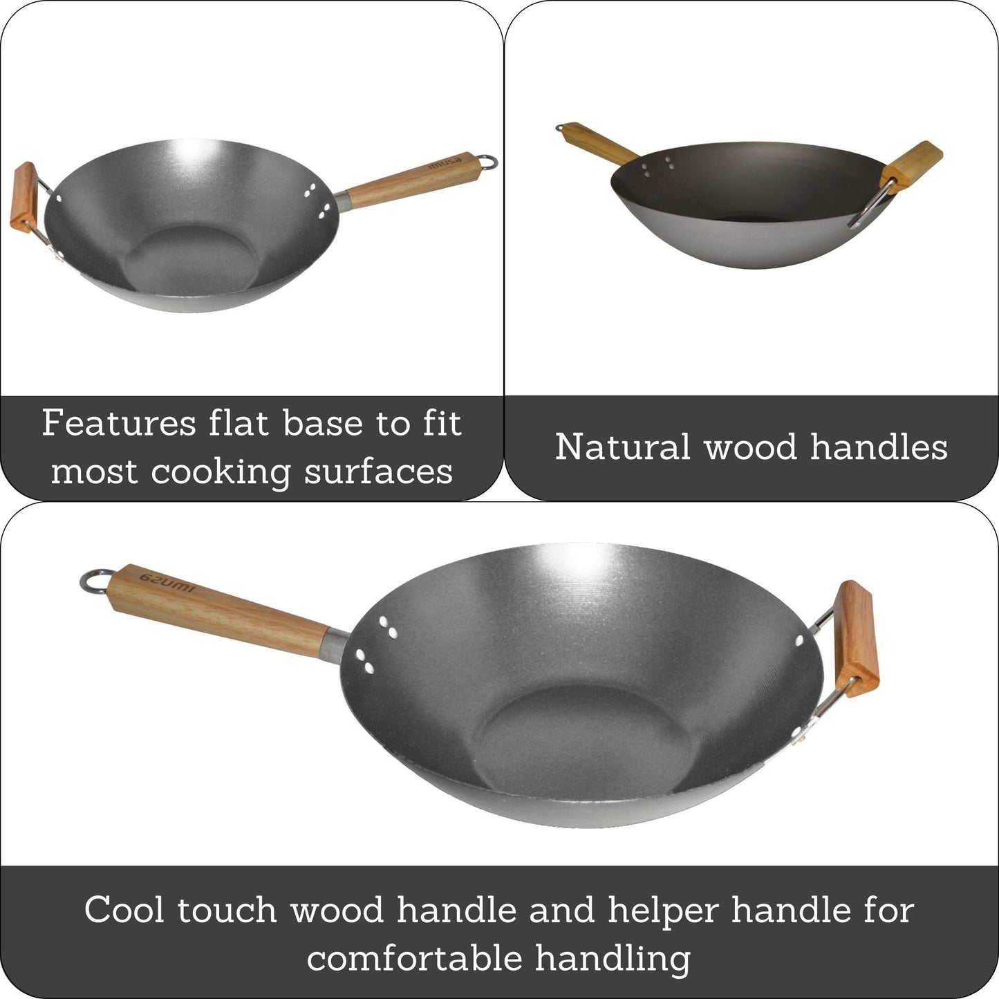 IMUSA USA WPAN-10018 Non-coated Wok with Wooden Handles 14-Inch, Silver - CookCave