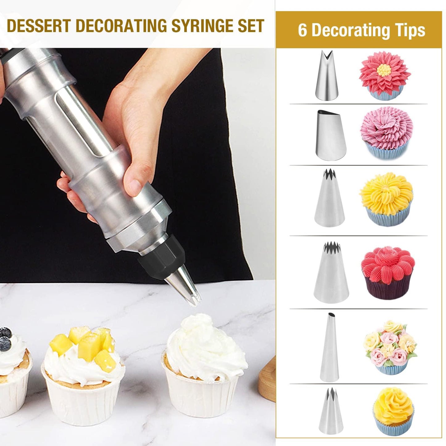 Icing Decoration Gun Set Dessert Decorating Decorator Syringe Cake Decorating Tool 6 Russian Piping Icing Nozzles Cream Scraper Cupcake Frosting Filling Injector Cake Icing Tools - CookCave