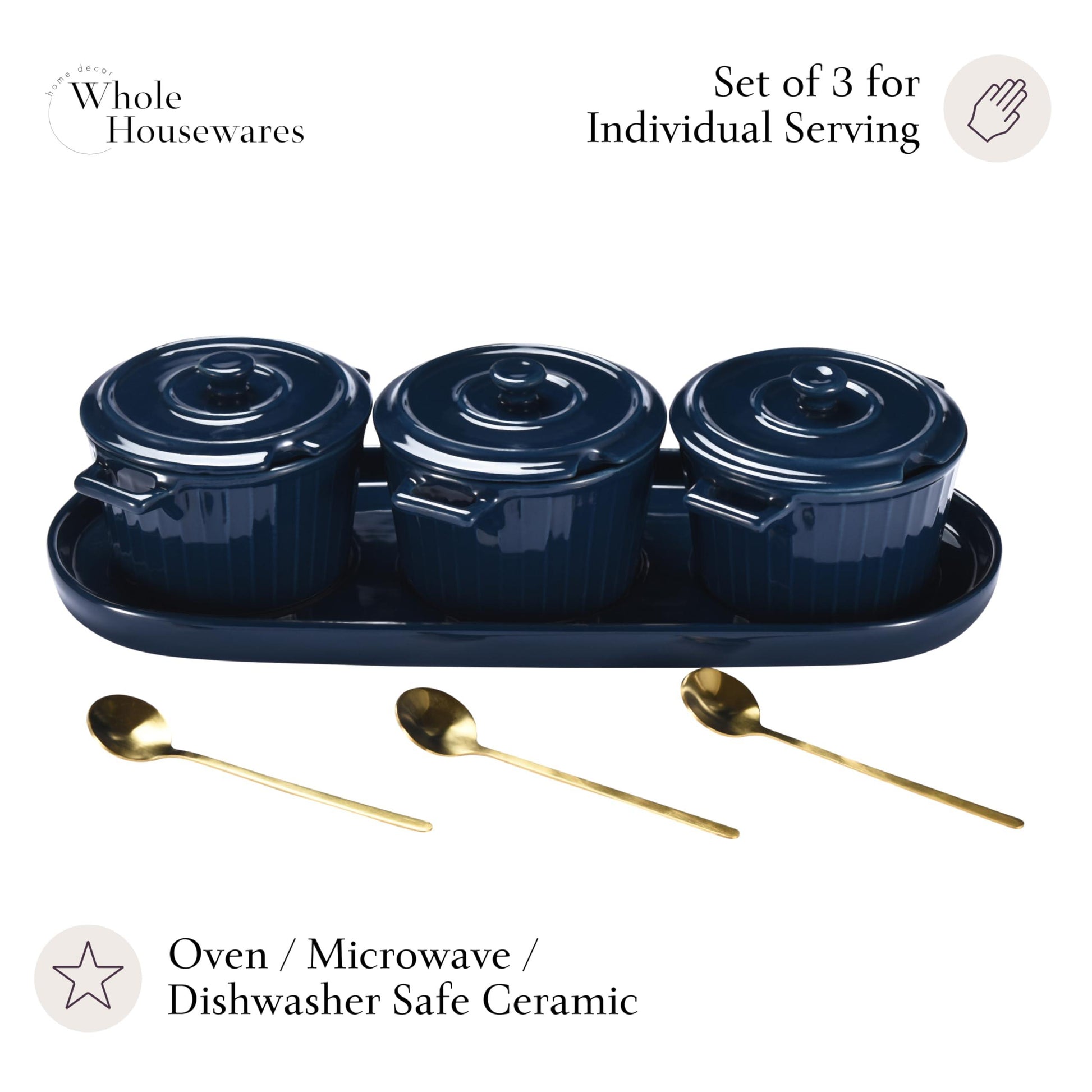 Whole Housewares Mini Cocotte Set with Golden Spoons and Blue Serving Tray - 3 Small Blue Casserole Dishes, 10oz Each with Lids and Handles - Versatile for Baking, Serving, Microwave & Dishwasher Safe - CookCave