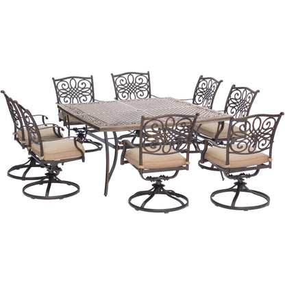 Hanover Traditions 9-Piece Patio Dining Set with 8 Swivel Rocker Chairs with Natural Oat Cushions and Large 60" Square Table, Dining Set for 8, All-Weather Rust-Resistant Luxury Outdoor Furniture - CookCave