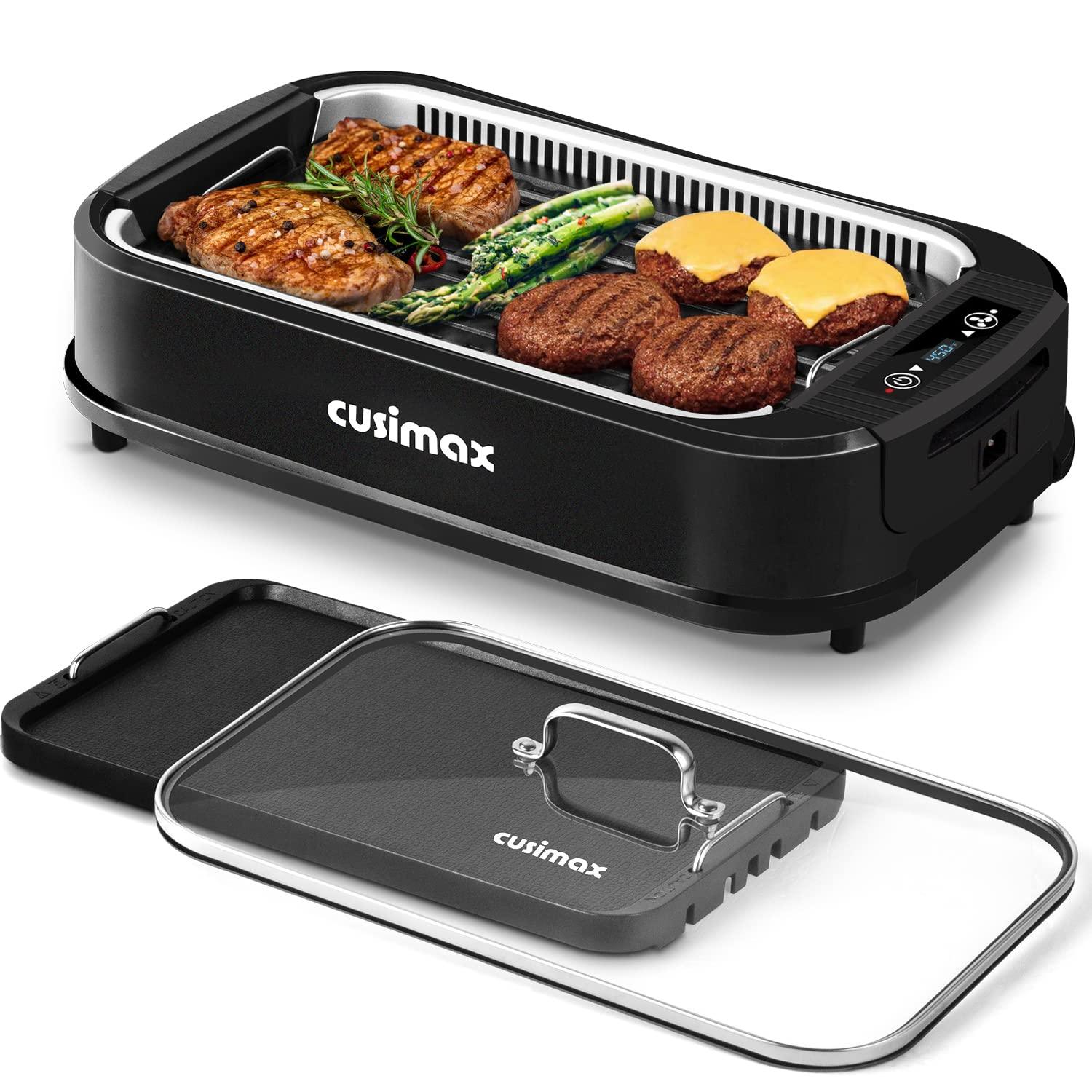 Indoor Grill, CUSIMAX Smokeless Grill Indoor, 1500W Electric Grill Griddle Korean BBQ Grill with LED Smart Display & Tempered Glass Lid, Non-stick Removable Grill Plate & Griddle Plate, Black - CookCave