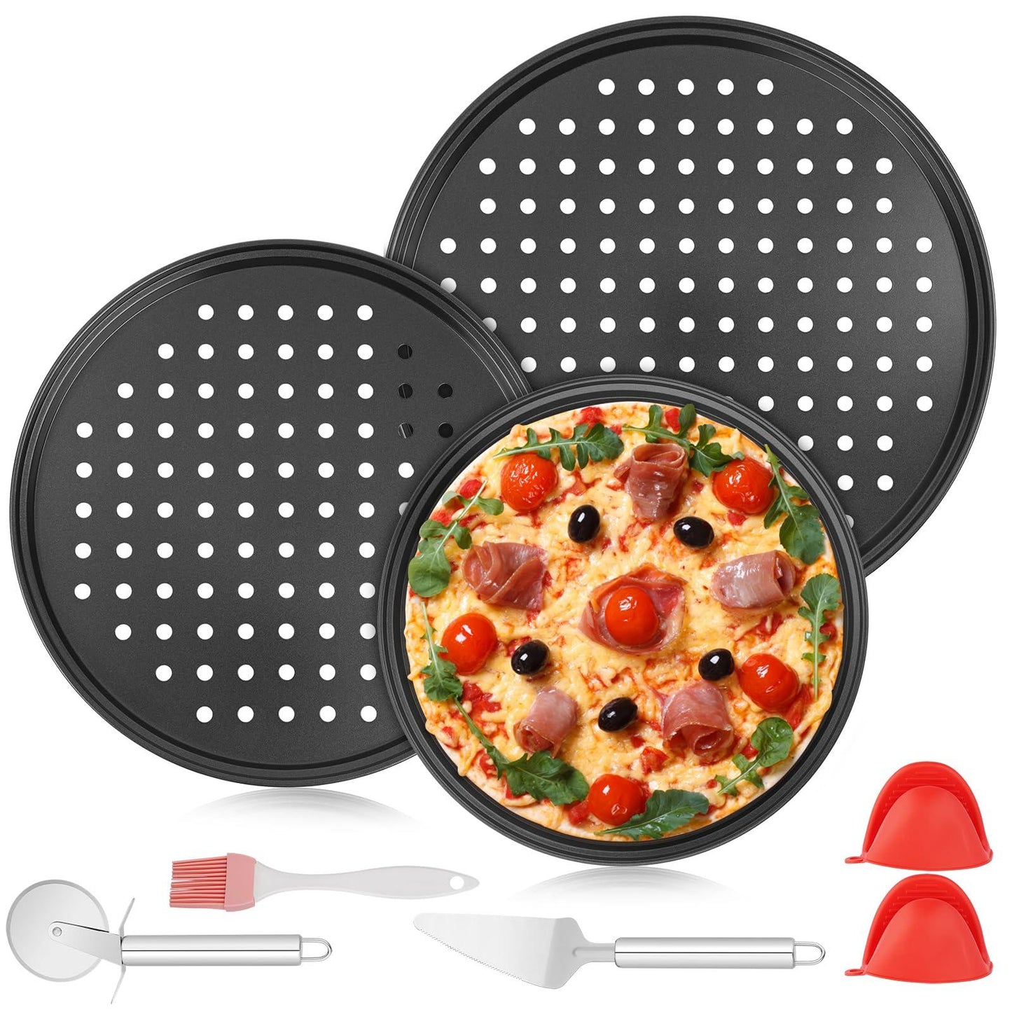 3 Pack Pizza Pan Round Pizza board Carbon Steel Pizza Baking Pan with Accessories Non-Stick Cake Pizza Crisper Server Tray Stand for Home Kitchen Oven Restaurant Pizza Bakeware Pizza Cutter and Slicer - CookCave