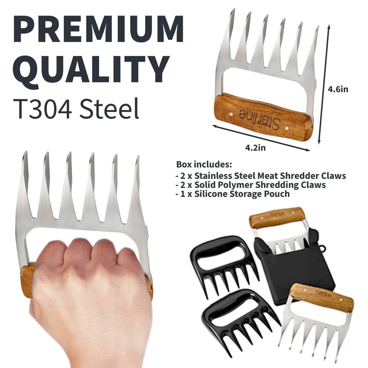 Sterline Meat Shredder Claws Set - 5 Pieces - T304 Stainless Steel Fork with Silicone Protector, Wooden Handle for Easy Lifting, Shredding Pulled Pork, Chicken, Brisket - BBQ Grilling Accessory Gift - CookCave