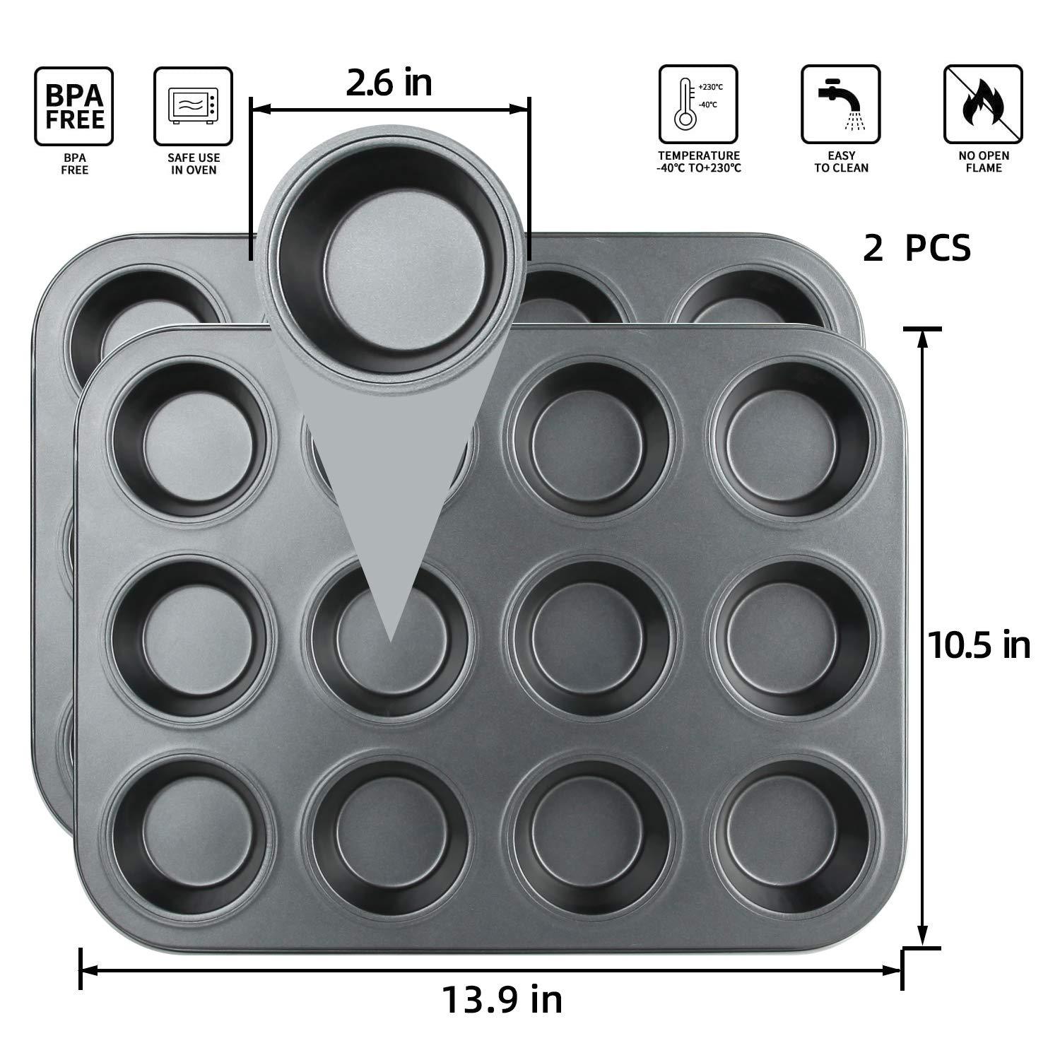 Muffin Pan, 12 Cupcake Pan, 2 Sets of Nonstick Brownie Bakeware Muffin Tin, Cupcake Tray, Baking Pan for Kitchen Oven, Black 13.9 x 10.5 x 1.2 inches - CookCave