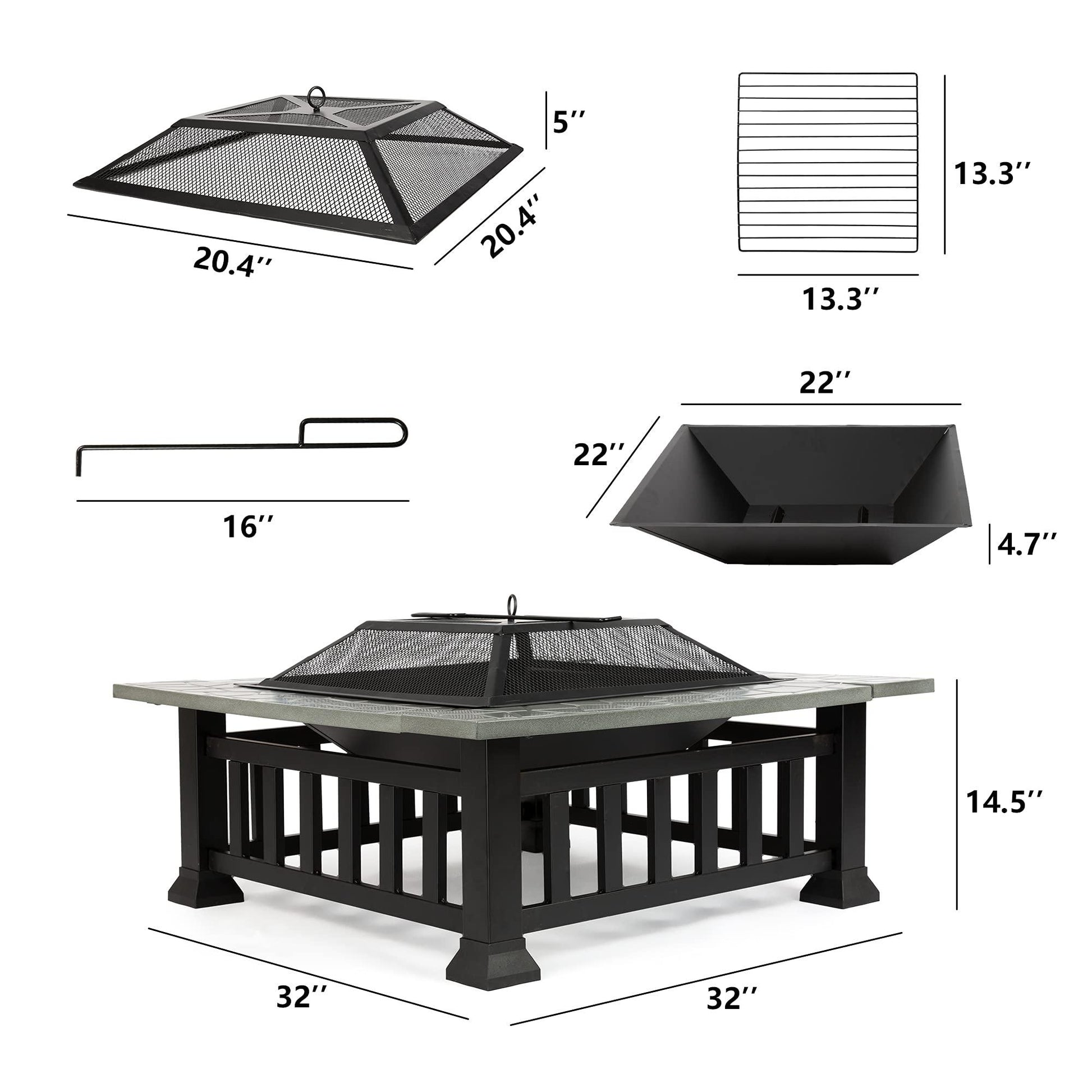 4-in-1 Fire Pit Table for Outside, 32'' Fire Pit Grill Outdoor Wood Burning with Fire Poker,Lid&Rain Cover,Square Bonfire Pits Stove for Camping Patio BBQ Balcony Beach Backyard Heating - CookCave