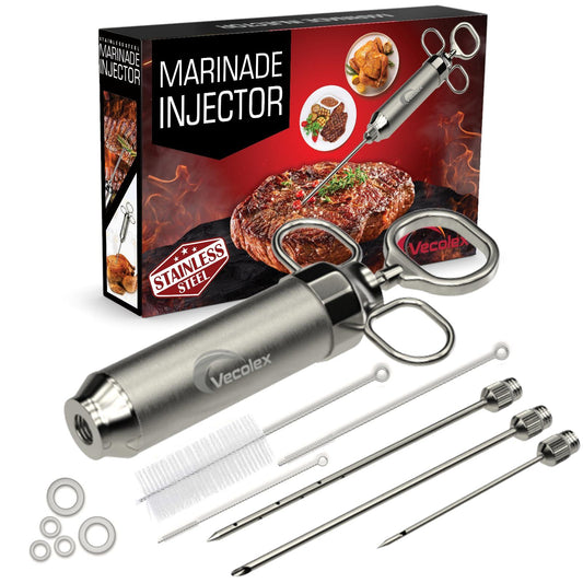 Vecolex Stainless Steel Meat Injector Marinade Syringe Heavy Duty 2 Oz with 3 Needles 3 Brushes Spare O Rings Users Manual and Recipe E-Book - CookCave