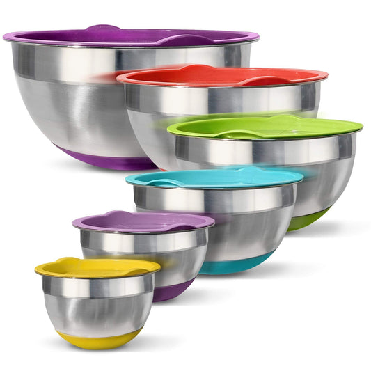 HOMEARRAY Stainless Steel Mixing Bowls with Lids – Non-Slip Bottoms, Nesting for Space Saving Storage, Polished Mirror Finish, Ideal for Cooking, Baking & Serving, Food & Salad Prep. (Set of 6) - CookCave