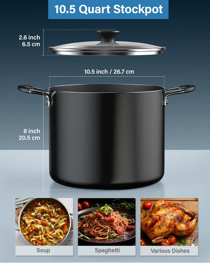 Cook N Home Nonstick Stockpot with Lid 10.5-Qt, Deep Cooking Pot Cookware Canning Stock Pot with Glass Lid, Black - CookCave