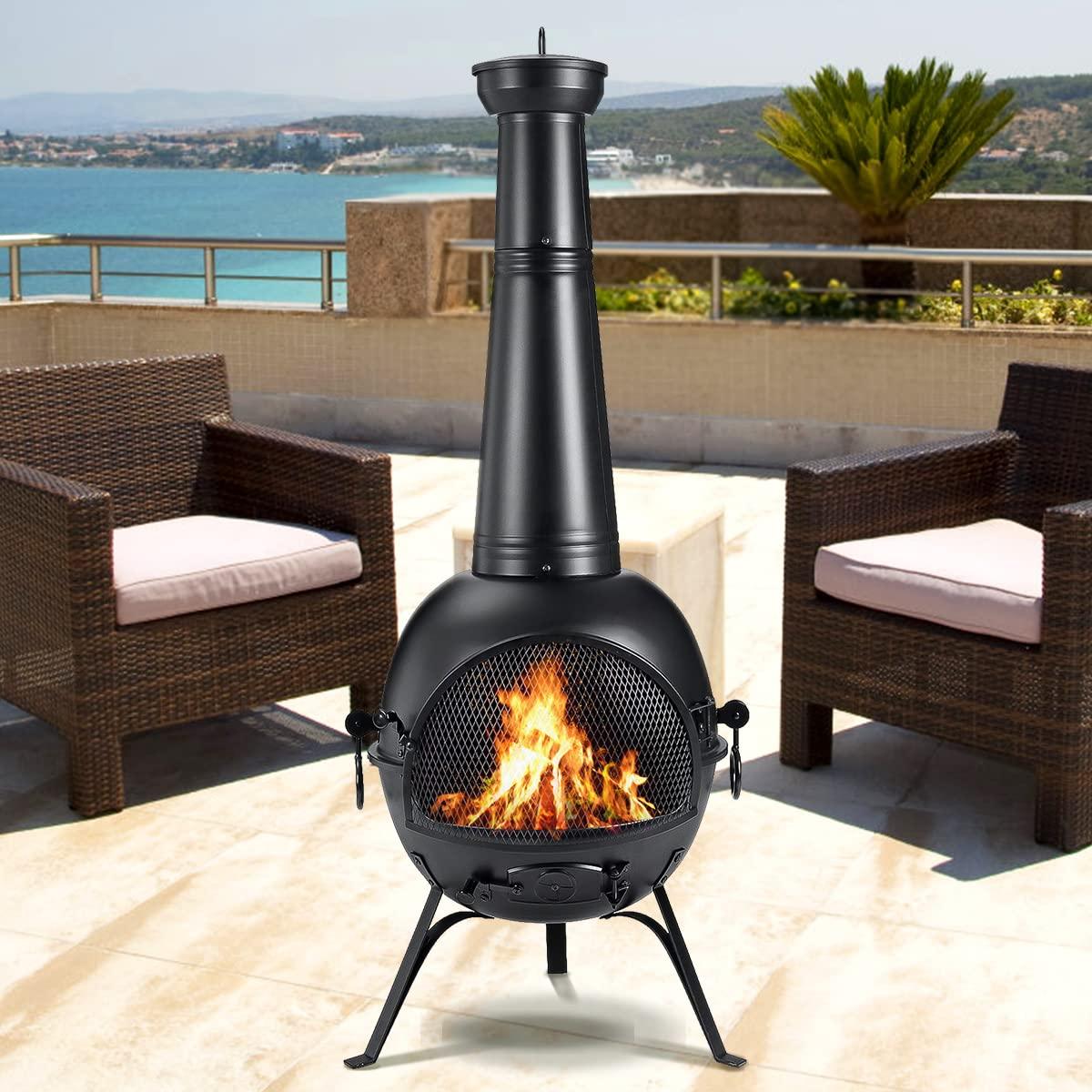 SINGLYFIRE Prairie Fire Outdoor Chiminea Fireplace Deck or Patio Backyard Wooden Fire Pit with Chiminea Cover Rust-Free Iron Black - CookCave