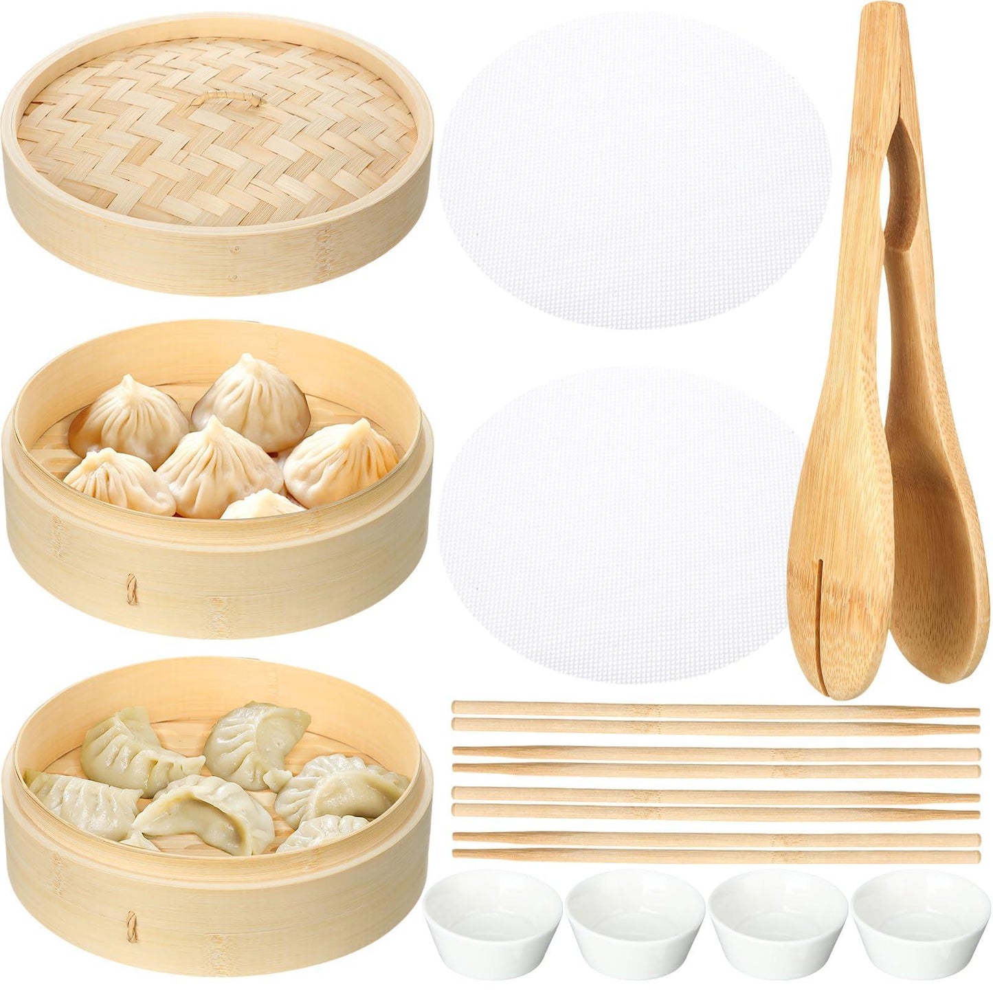 Domensi 12 Pcs Bamboo Steamer Basket Set, Includes 10 Inch 2 Tier Bamboo Steamer for Cooking, 4 Pairs Chopsticks, 4 Sauce Dish, 2 Silicone Liners, 1 Bamboo Tongs for Dim Sum Dumplings Fish Rice Foods - CookCave