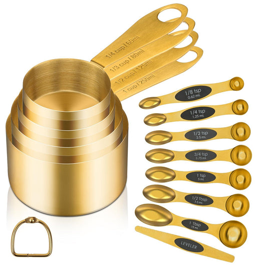 GuDoQi Gold Magnetic Measuring Spoons and Cups Set of 12, 8 Dual Sided Magnetic Measuring Spoons set with Leveler, 4 Measuring Cups, Premium Stainless Steel, Measuring for Liquid and Dry Ingredients - CookCave