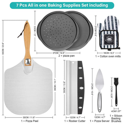 7PCS Foldable Pizza Peel Pizza Pan Set,12" x 14" Aluminum Metal Pizza Paddle with Wooden Handle, Rocker Cutter, Server Set, Baking Oven Mitts, Oil Brushes, Homemade Pizza Oven Accessories - CookCave