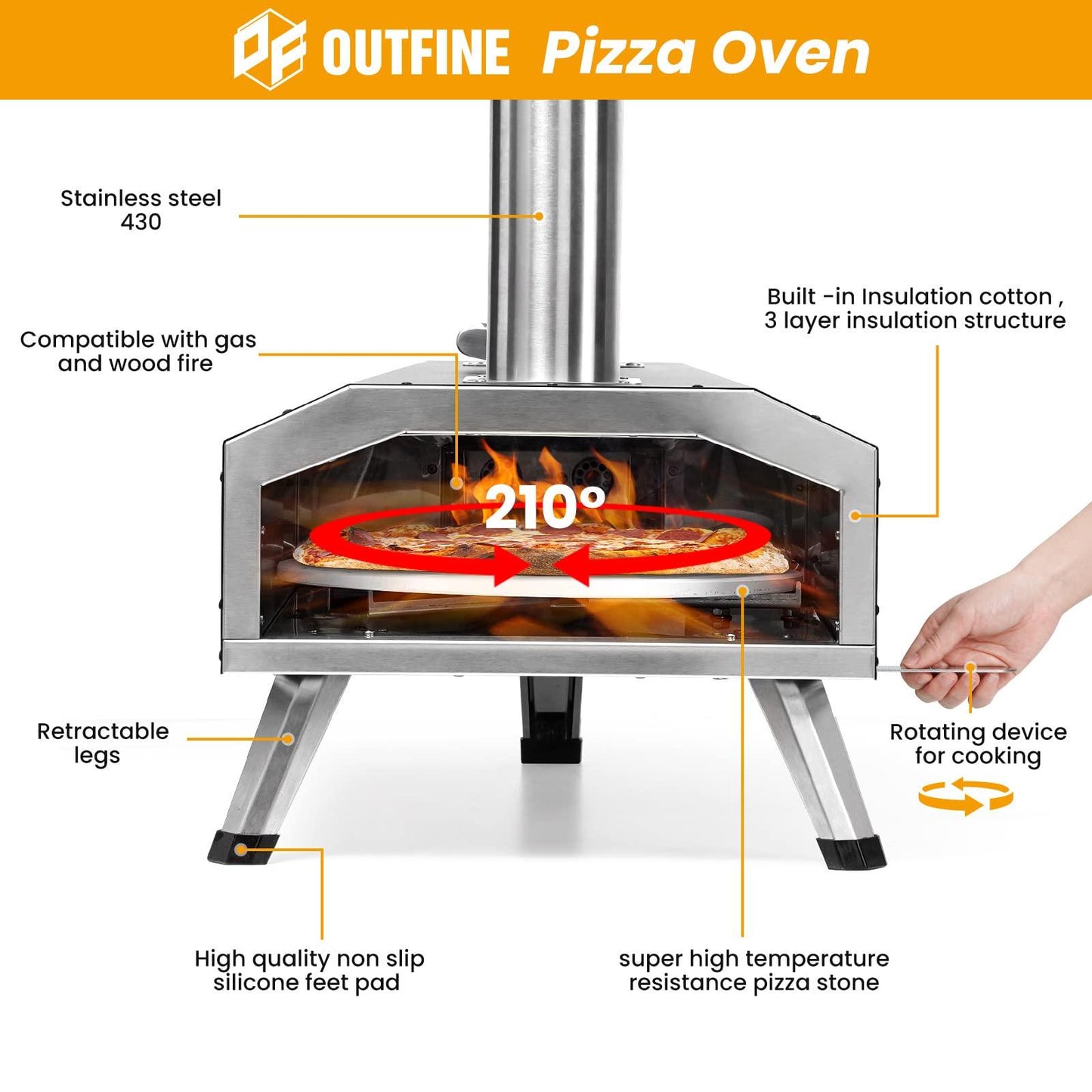 OUTFINE Pizza Oven 2-in-1 Wood Fired & Gas Fired, Outdoor Pizza Maker with Rotatable 12" Pizza Stone, Pizza Peel, Waterproof Carry Bag - CookCave