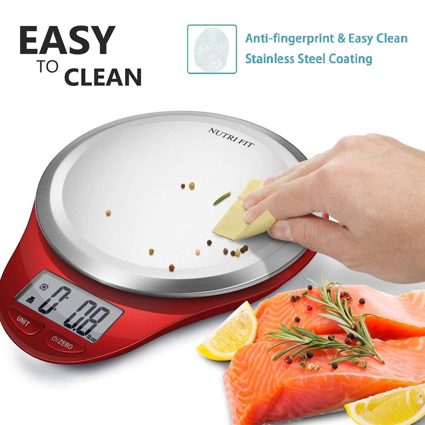 NUTRI FIT Digital Kitchen Scale with Wide Stainless Steel Plateform High Accuracy Multifunction Food Scale with LCD Display for Baking Kitchen Cooking,Tare & Auto Off Function (Red) - CookCave