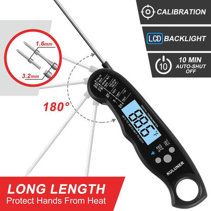 KULUNER TP-01 Waterproof Digital Instant Read Meat LCD Thermometer with 4.6” Folding Probe Backlight & Calibration Function for Cooking Food Candy, BBQ Grill, Liquids,Beef(Black) - CookCave