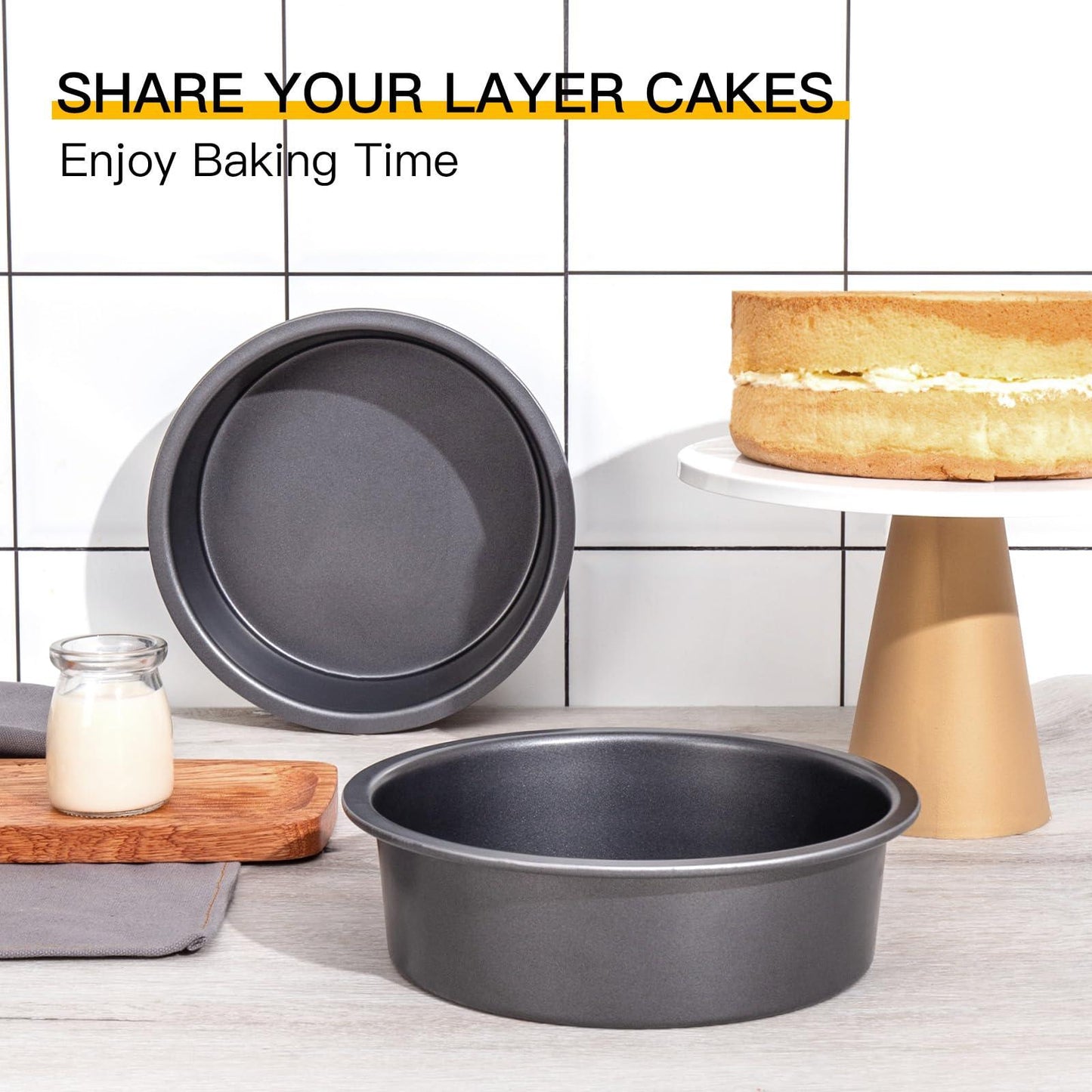 HONGBAKE Round Cake Pan Set for Baking, 8 Inch, Nonstick Circle Cake Pans with Wider Grips, 2 Pieces Layer Cake Tin, Cheesecake Mold, Huty Duty, Dishwasher Safe - Grey - CookCave