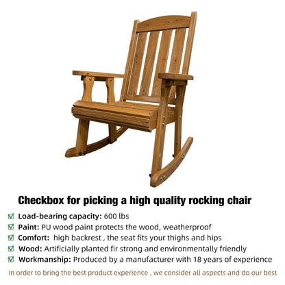 Wooden Rocking Chair with Comfortable Backrest Inclination, High Backrest and Deep Contoured Seat, Solid Fir Wood, Heavy Duty 600 LBS, for Both Outdoor and Indoor, Backyard, Porch and Patio - CookCave