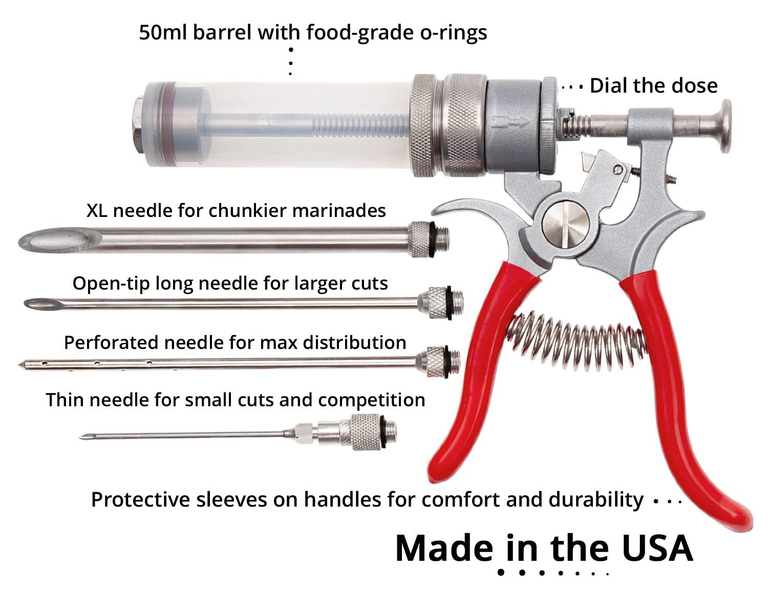 SpitJack Magnum Meat Injector Gun. Food Flavor Injection Syringe for Smoked BBQ Marinades and Meat Seasoning. 4 needles for Pork Butt, Beef Brisket, Turkey Breast.. 50ml Capacity. Made in the USA. - CookCave