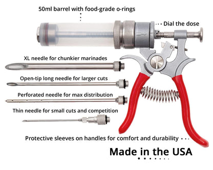 SpitJack Magnum Meat Injector Gun. Food Flavor Injection Syringe for Smoked BBQ Marinades and Meat Seasoning. 4 needles for Pork Butt, Beef Brisket, Turkey Breast.. 50ml Capacity. Made in the USA. - CookCave