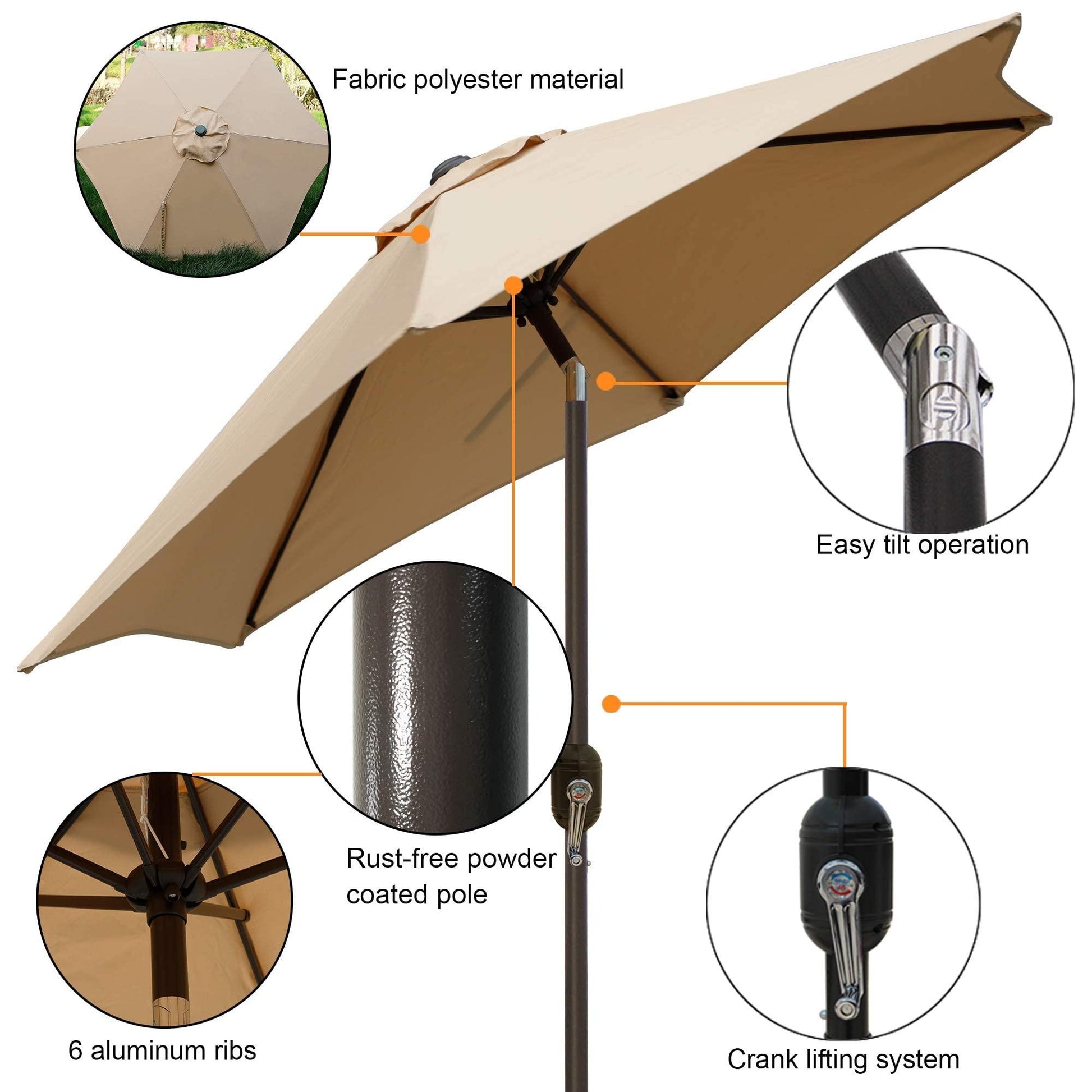 Blissun 7.5 ft Patio Umbrella, Yard Umbrella Push Button Tilt Crank (Tan) - CookCave