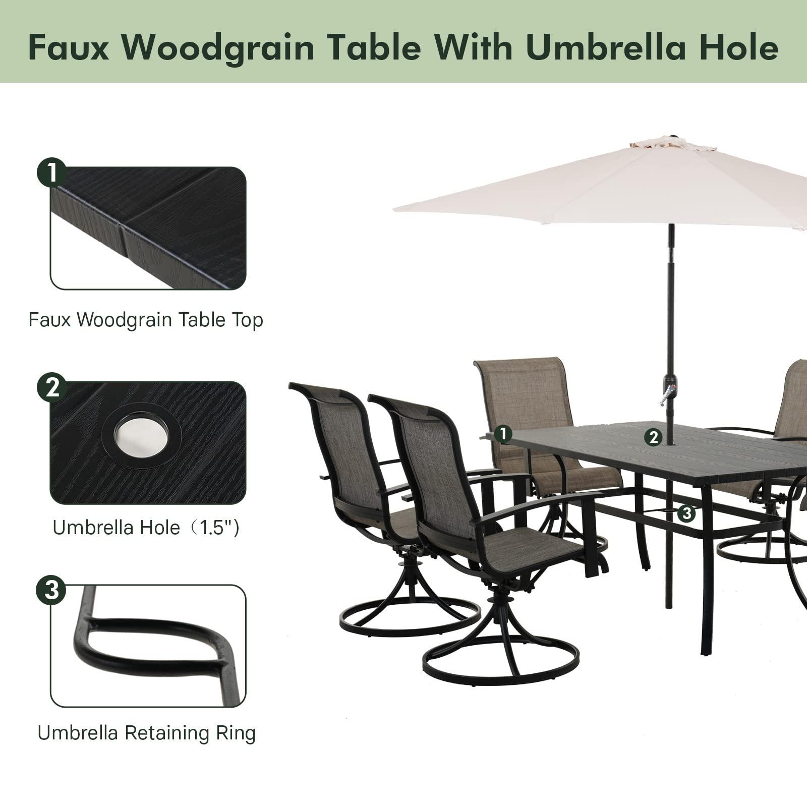 Grand patio Outdoor Dining Set 7 Piece, Outdoor Table and Chairs Set, 6 Padded Mesh Sling Swivel Rocker Chair & 66'' x 36'' Large Rectangular Metal Dining Table(1.5'' Umbrella Hole), Mixed Coffee - CookCave