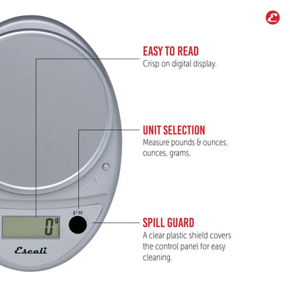 Escali Primo Digital Food Scale Multi-Functional Kitchen Scale and Baking Scale for Precise Weight Measuring and Portion Control, 8.5 x 6 x 1.5 inches, Chrome - CookCave
