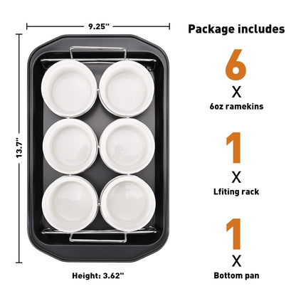 Creme Brulee Making Set - 6 Porcelain Ramekins 6 oz, 304 Stainless Steel Lifting Rack, 9" X 13" Bottom Pan - CookCave