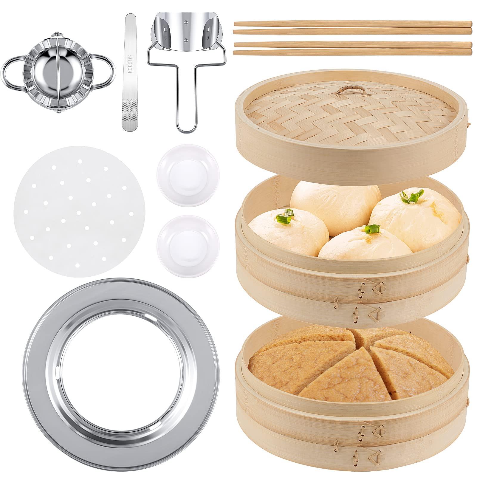 2 Tier Bamboo Steamer Basket Set Including Stainless Steel Steamer Ring Dumpling Maker Mold and Cutter Meat Spoon 2 Pairs Bamboo Chopsticks 2 Pcs Sauce Dish 50 Pcs Paper Liners for Kitchen (10 Inch) - CookCave