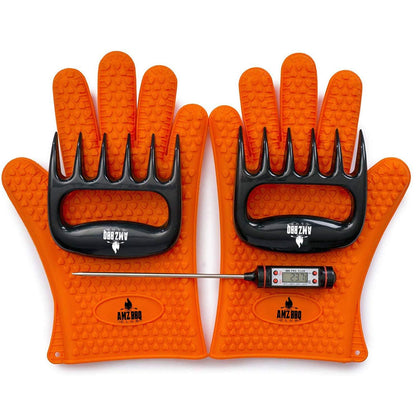 AMZ BBQ CLUB - Meat Claws Bbq Grill Accessories Set - 2 Silicone Gloves, Claws For Pulled Pork, BBQ Thermometer - Perfect Smoker Accessories Grilling Tools Gift Set For (Orange Glove-Thermometer-Claw) - CookCave