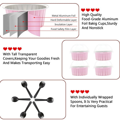 Jumbo Muffin Liners with Lids 50 Pack,Free-Air 5oz Aluminum Foil Cupcake Cups Muffin Tins,Disposable Ramekins Cupcake Baking Pans Cupcake Holders for Custard Mini Pie -Pink - CookCave