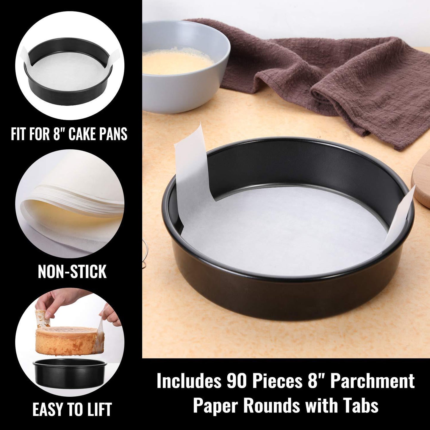 HIWARE 8-Inch Round Cake Pan Set of 3, Nonstick Baking Cake Pans with 90 Pieces Parchment Paper, Dishwasher Safe - CookCave