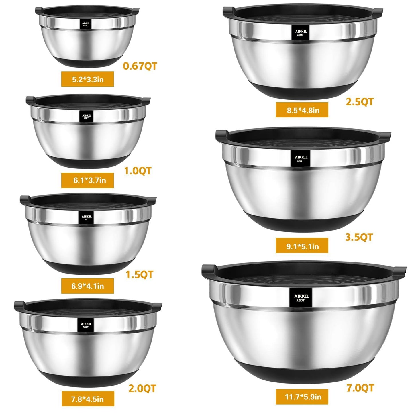 AIKKIL Mixing Bowls with Airtight Lids, 20 piece Stainless Steel Metal Nesting Bowls, Non-Slip Silicone Bottom, Size 7, 3.5, 2.5, 2.0,1.5, 1,0.67QT Great for Mixing, Baking, Serving (Black) - CookCave