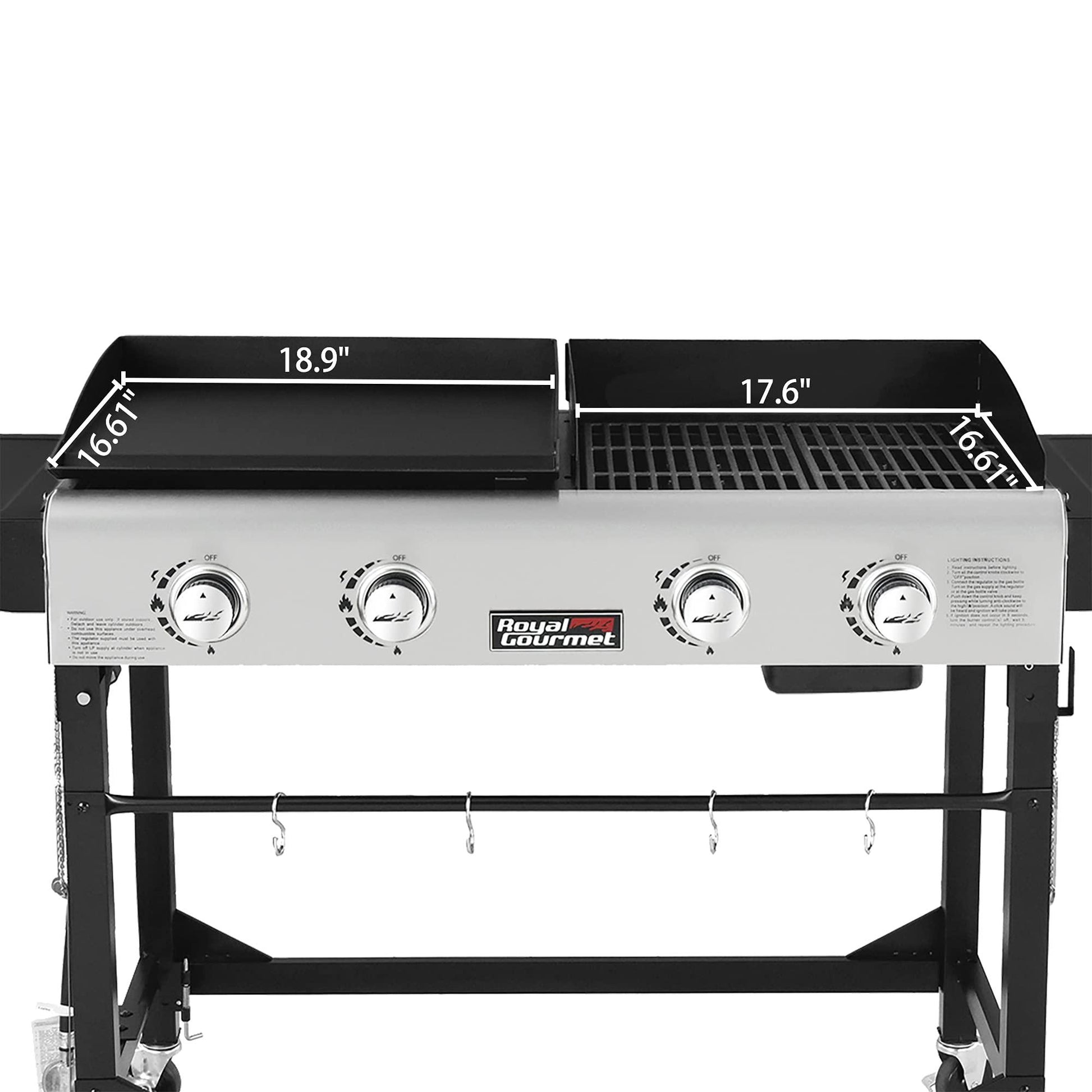 Royal Gourmet GD401 Portable Propane Gas Grill and Griddle Combo with Side Table | 4-Burner, Folding Legs,Versatile, Outdoor | Black 66 Inch - CookCave