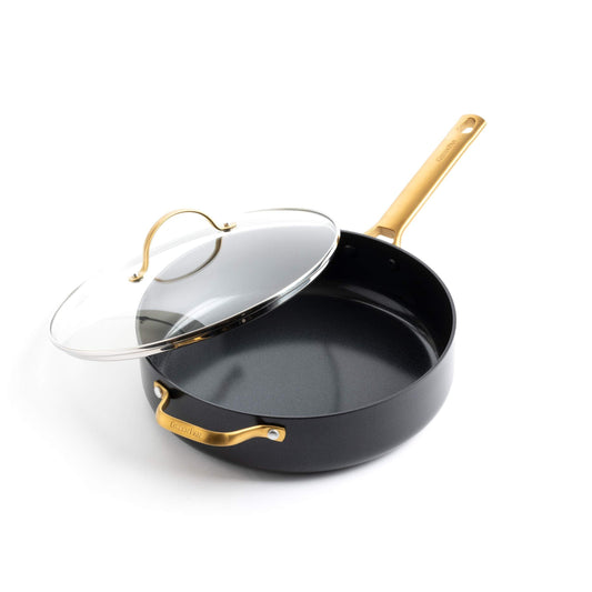 GreenPan Reserve Hard Anodized Healthy Ceramic Nonstick 4.5QT Saute Pan Jumbo Cooker with Helper Handle and Lid, Gold Handle, PFAS-Free, Dishwasher Safe, Oven Safe, Black - CookCave