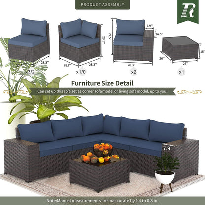 RTDTD Outdoor Patio Furniture Set, 6 Pieces Outdoor Furniture All Weather Patio Sectional Sofa PE Wicker Modular Conversation Sets with Coffee Table,5 Chairs & Seat Clips Dark Blue - CookCave