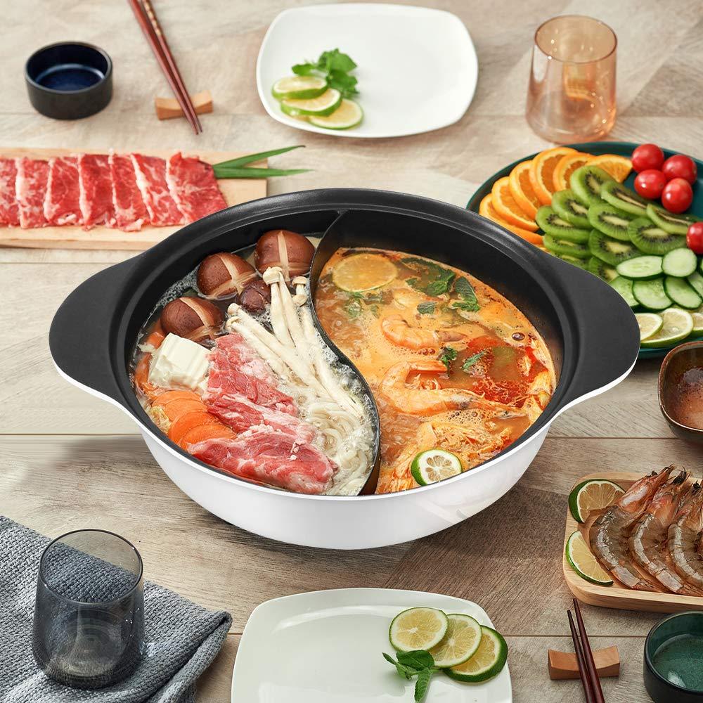 Hot Pot with Divider for Induction Cooker Dual Sided Soup Cookware Two-flavor Chinese Shabu Shabu Pot for Home Party Family Gathering, 4.5 Quart (White) - CookCave