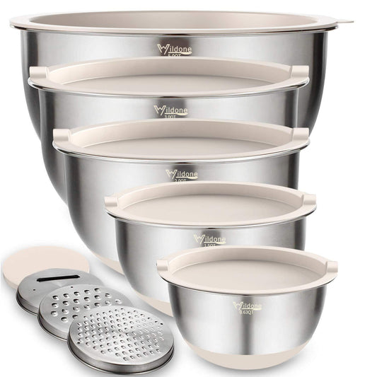 Wildone Mixing Bowls Set of 5, Stainless Steel Nesting Bowls with Khaki Lids, 3 Grater Attachments, Measurement Marks & Non-Slip Bottoms, Size 5, 3, 2, 1.5, 0.63 QT, Great for Mixing & Serving - CookCave