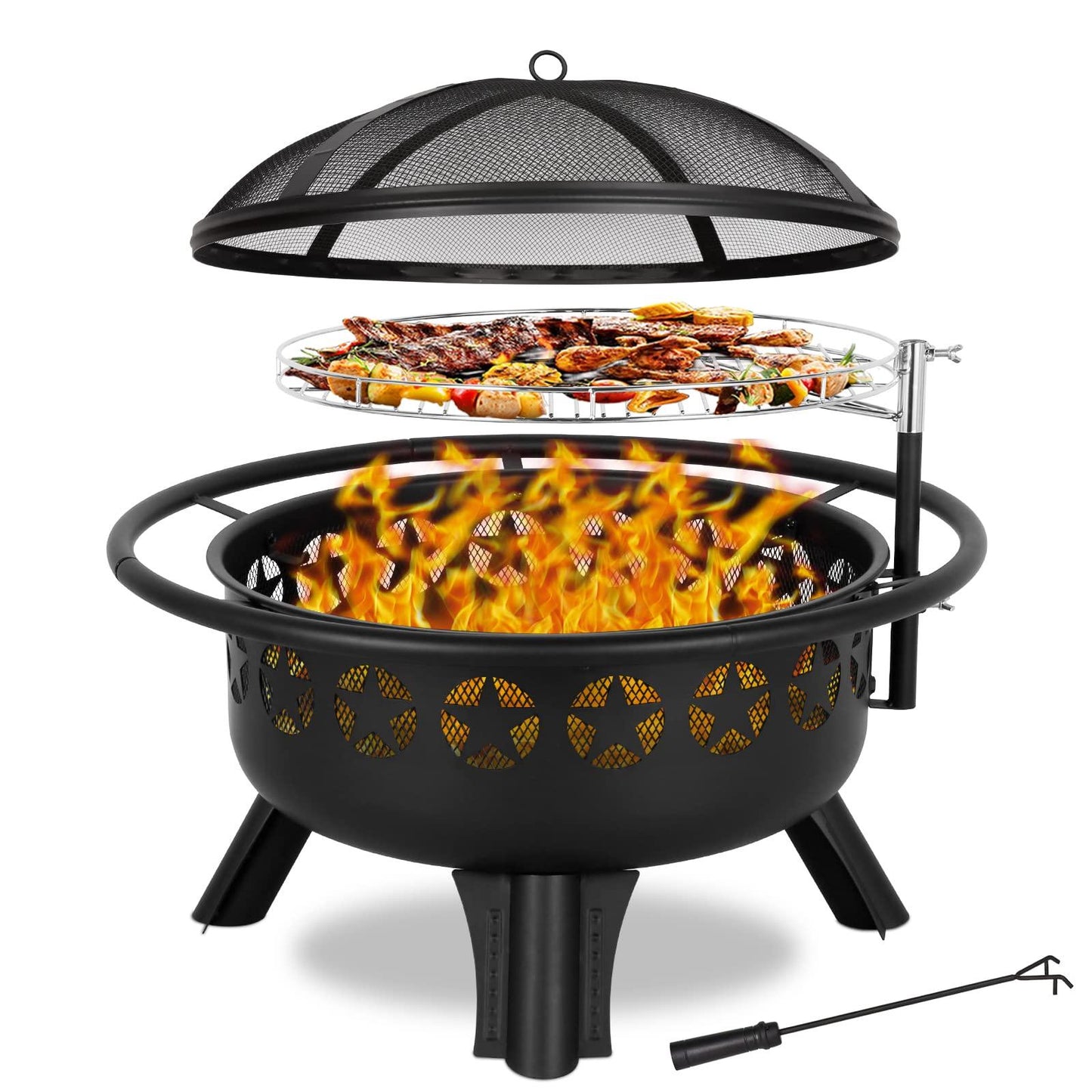 Hykolity 2 in 1 Fire Pit with Grill, Large 31" Wood Burning Fire Pit with Swivel Cooking Grate Outdoor Firepit for Backyard Bonfire Patio Outside Picnic BBQ, Spark Cover, Fire Poker - CookCave