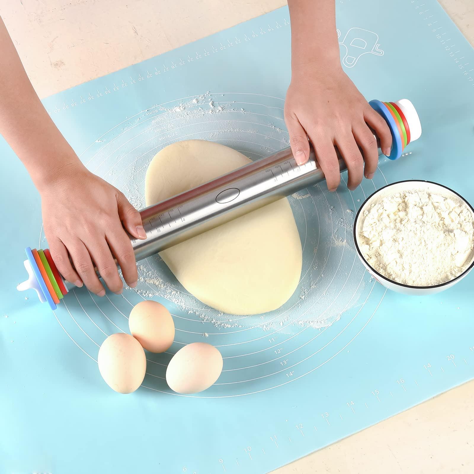 Adjustable Rolling Pin With 4 Thickness Rings, Stainless Steel Dough Roller Pizza Roller Handle Press Design With Measurement Guide For Baking, Fondant, Pizza, Pie Crust, Cookie - CookCave