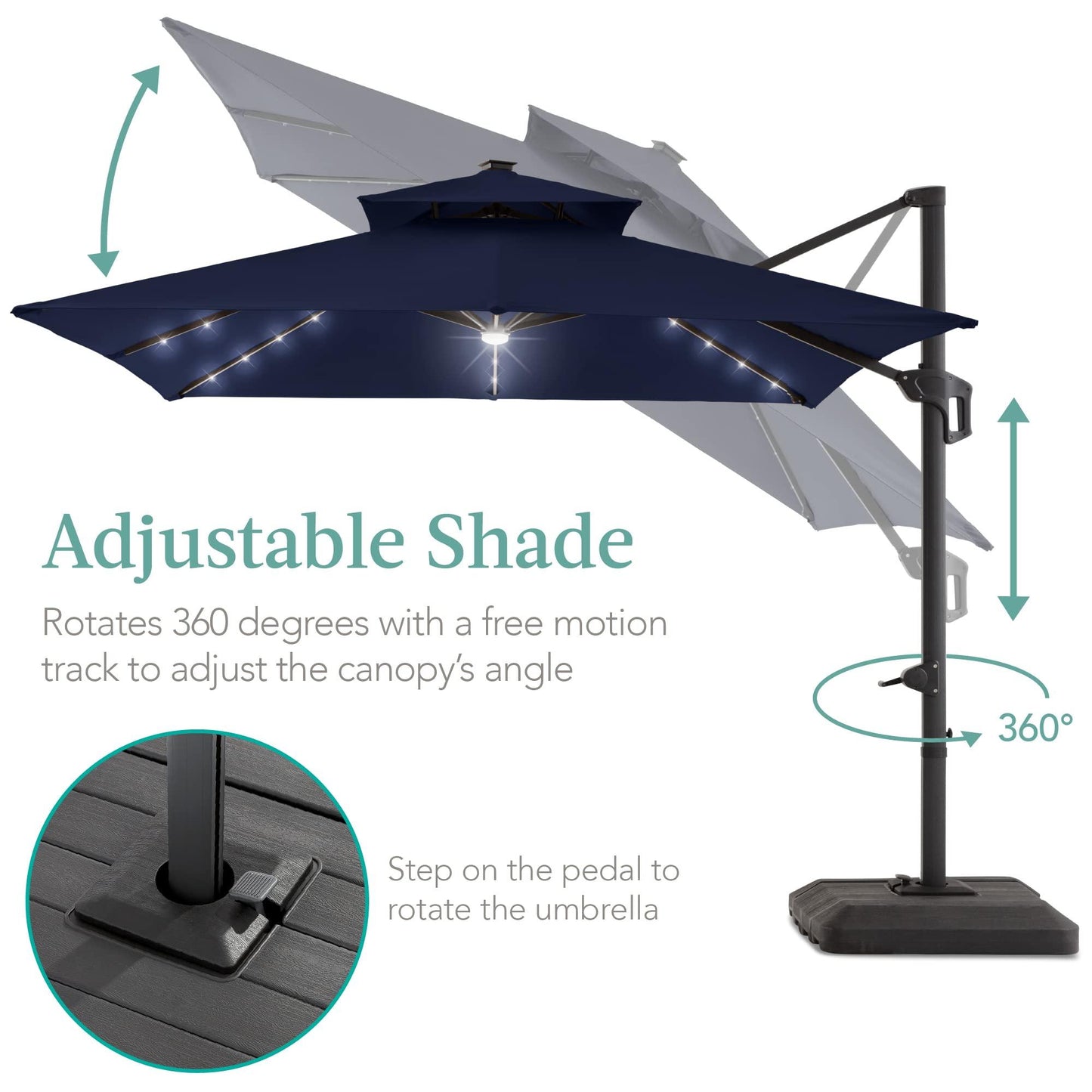 Best Choice Products 10x10ft 2-Tier Square Cantilever Patio Umbrella with Solar LED Lights, Offset Hanging Outdoor Sun Shade for Backyard w/Included Fillable Base, 360 Rotation - Navy Blue - CookCave